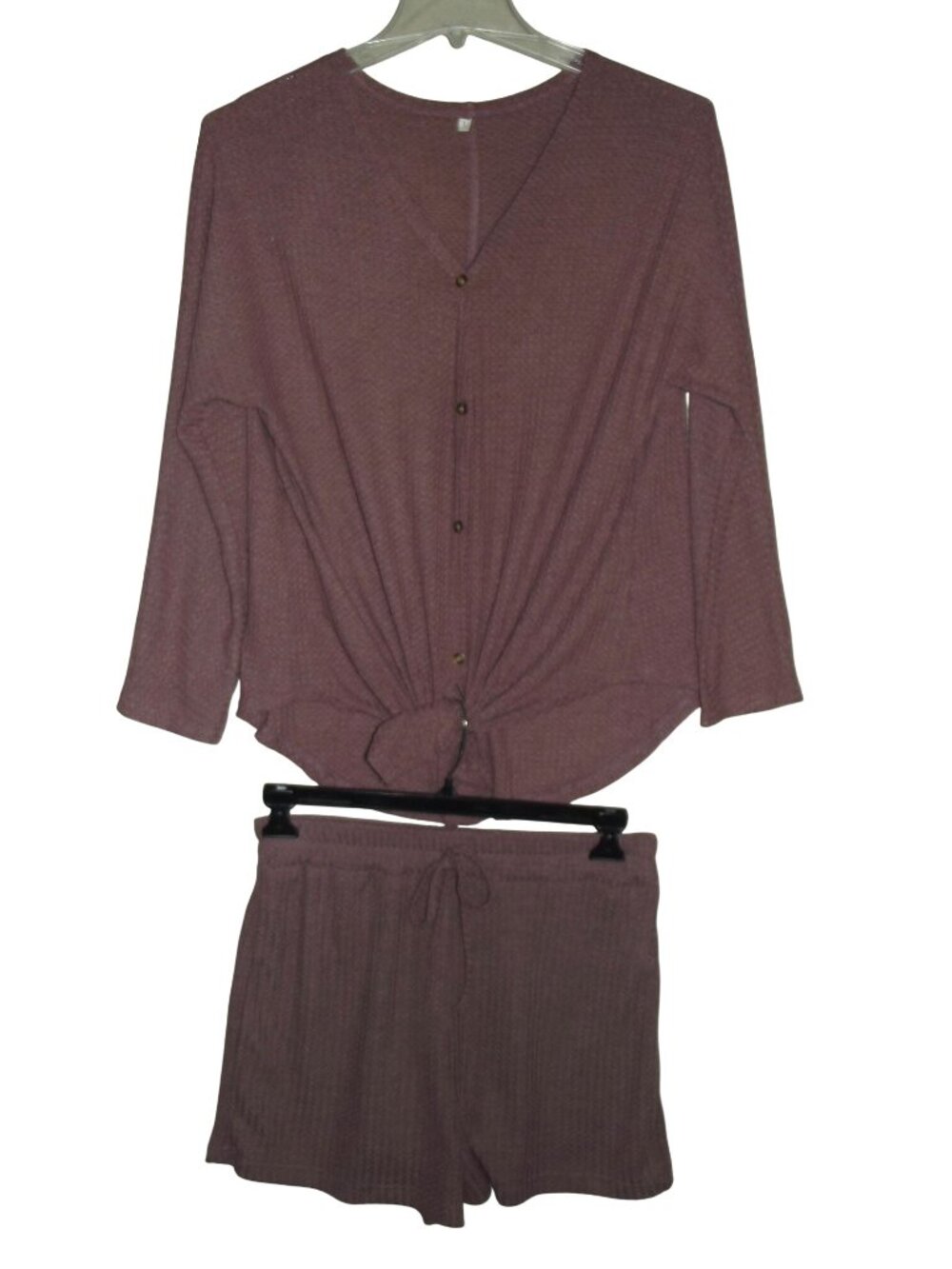 Shein Sleepwear Set Womens Size Large Pink Henley Tie Shirt Shorts Pajamas